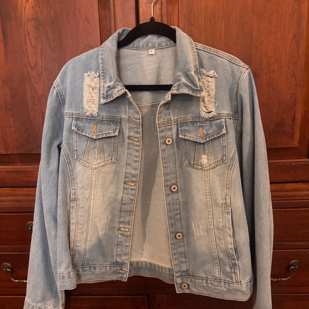 Light Blue Distressed Denim Jacket - Women's Classic Jean Jacket